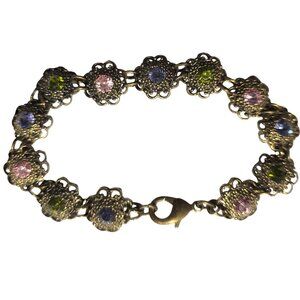 Floral Bracelet Multicolor Glass Stones Gold-Tone Metal 7 Womens Jewelry fairy